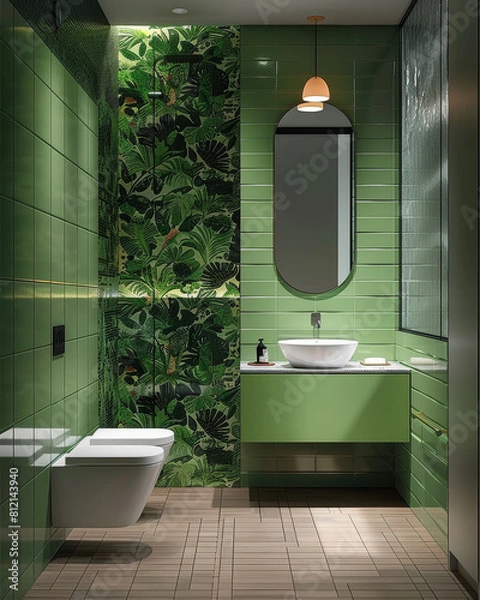 Fototapeta Serene bathroom with botanical wall and sleek interiors.