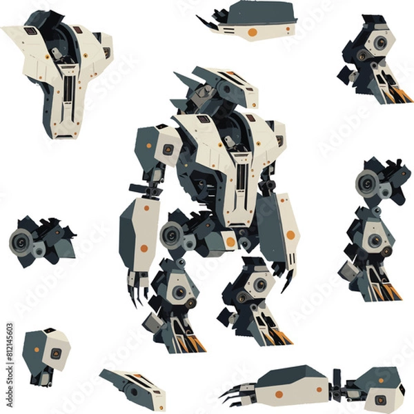 Fototapeta Disassembled robot mech style concept illustration. Indie game design vector graphics.