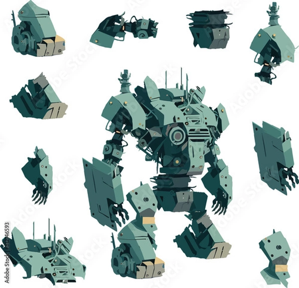 Fototapeta Disassembled robot mech style concept illustration. Indie game design vector graphics.