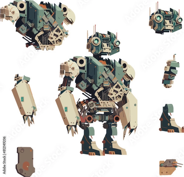 Fototapeta Disassembled robot mech style concept illustration. Indie game design vector graphics.