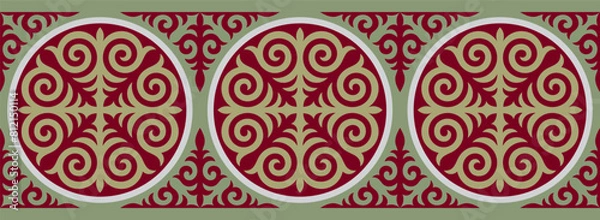 Fototapeta Kazakh ornaments. Strip of plant patterns. Ethno style.  Horizontal patterned design. Traditional patterns of Kazakhs. Ancient Turkic ornaments. Traditions of Kazakhstan. Decorative art of nomads. 