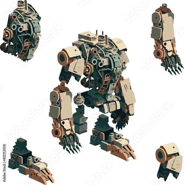 Fototapeta Disassembled robot mech style concept illustration. Indie game design vector graphics.