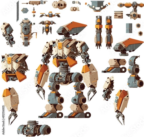 Fototapeta Disassembled robot mech style concept illustration. Indie game design vector graphics.
