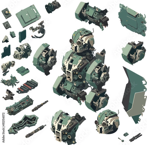 Fototapeta Disassembled robot mech style concept illustration. Indie game design vector graphics.