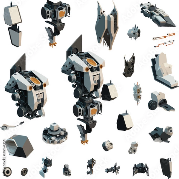 Fototapeta Disassembled robot mech style concept illustration. Indie game design vector graphics.