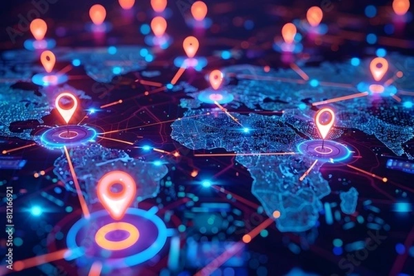 Fototapeta Glowing Digital World Map with Illuminated Location Pins in Hyper Nighttime Rendering