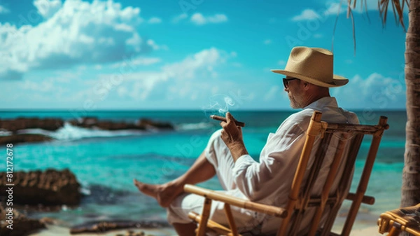 Fototapeta A charming gentleman in a Panama hat, lounging on a tropical beach chair with a cigar in hand, overlooking the azure waters of the Caribbean. Ai generated