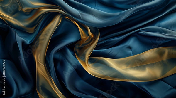 Fototapeta Layers of dark blue and gold silk fabric billowing in the wind, creating an abstract yet elegant composition, fashion photography. Ai generated