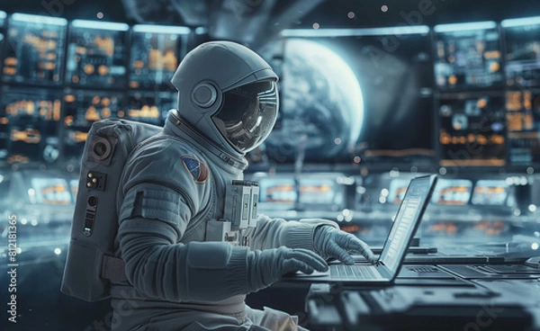 Fototapeta Astronaut at Work in a Futuristic Office