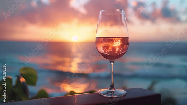 Fototapeta Rosé wine with ocean view in the sunset hour. Perfect summer vacation mood
