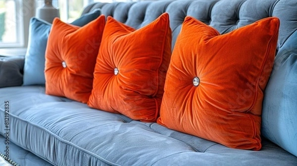 Fototapeta  Orange-blue pillows rest on a blue couch in front of a sunlit window