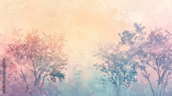 Fototapeta A painting of a forest with trees and flowers