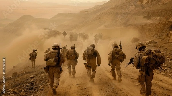 Fototapeta Group of military soldiers moving forward through the sandy terrain of mountainous region