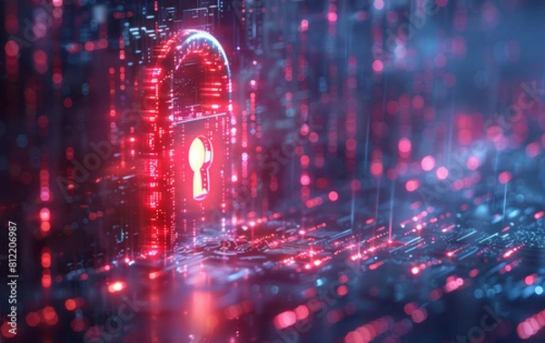 Fototapeta 3D lock, cybersecurity and firewall hologram for password protected red data or storage. Cloud computing, information technology and online safety in server room for internet or virtual networking