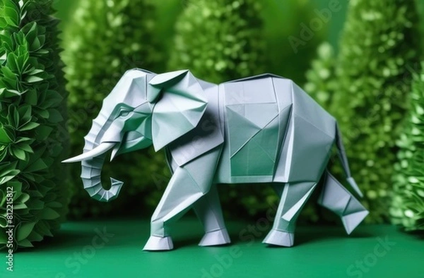 Fototapeta grey elephant made of paper on background of trees. elephant walks through forest. Origami.