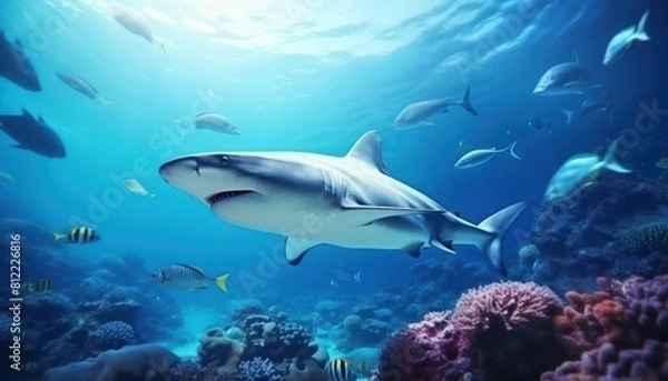 Fototapeta The great White Shark in the ocean, portrait of White shark hunting prey in the underwater