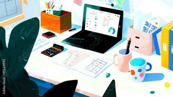 Fototapeta Detail-Oriented Workspace of a General Accountant: Calculator
