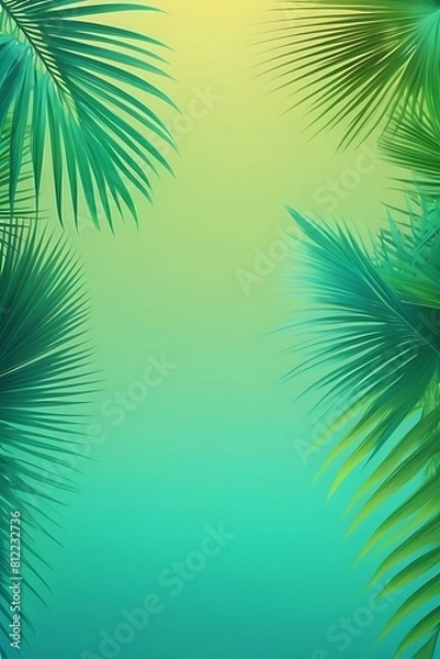 Fototapeta A tropical-themed vertical background with a vibrant gradient from turquoise to lime green, accented with subtle palm leaf silhouettes 