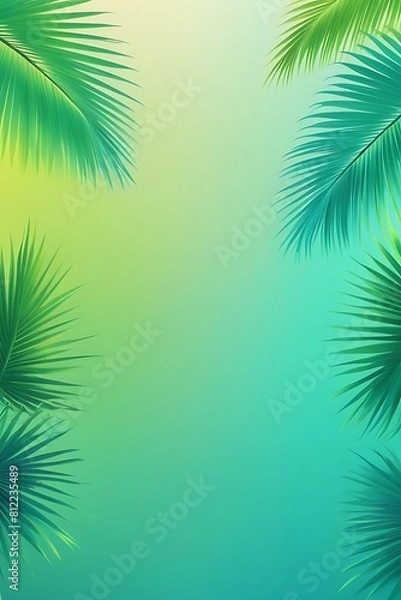 Fototapeta A tropical-themed vertical background with a vibrant gradient from turquoise to lime green, accented with subtle palm leaf silhouettes 