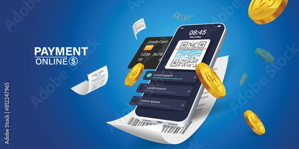 Obraz Bill of expenses is on mobile phone.Pay bills with mobile phone.Online shopping spending.Online shopping via smartphone. confirmation payment vector concept of mobile payment, shopping, banking.
