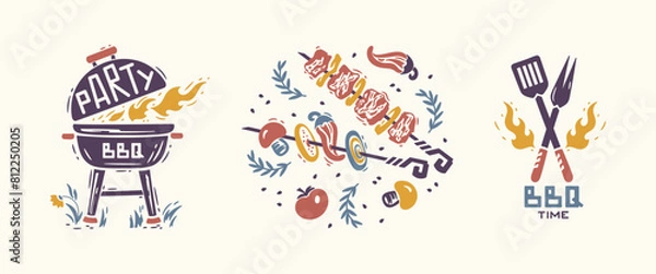 Fototapeta BBQ Party Time Vector Set. Portable Charcoal Grill with Fire Flame. Grill Barbecue Food. Meat Kebab or Shashlik and Barbeque Vegetable Skewer. Barbecue Fork and Spatula. Hand drawing. 