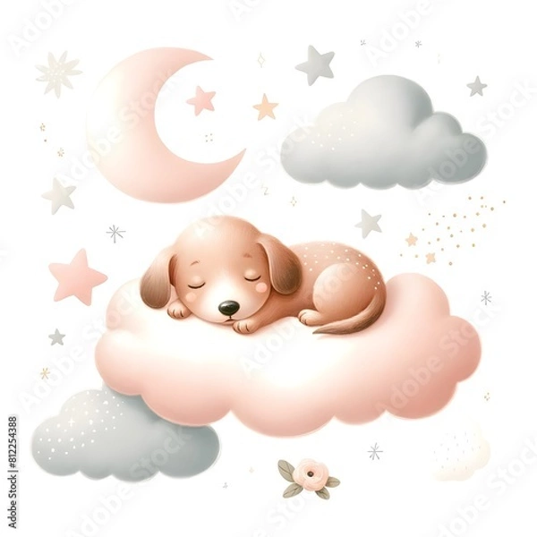 Fototapeta Cute Puppy Sleeping on Cloud with Moon and Stars - Whimsical and Dreamy Nursery Art Illustration - Adorable Pet Sleep Art