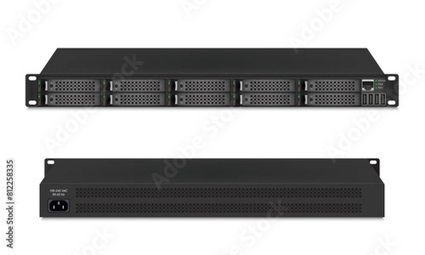 Fototapeta Professional server size 1u with eight 2.5-inch hard drives.  Network attached storage on white background. Vector illustration.