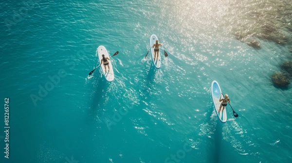 Obraz People paddleboarding on a bright blue lake, paddleboarding, hd, with copy space