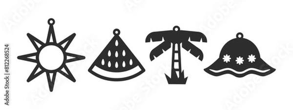 Fototapeta Set of summer beach designs for earrings, pendant or keychain. Jewelry silhouette cut template. Laser cutting with leather, wood or metal. Vector stencils of sun, watermelon, palm and panama hat