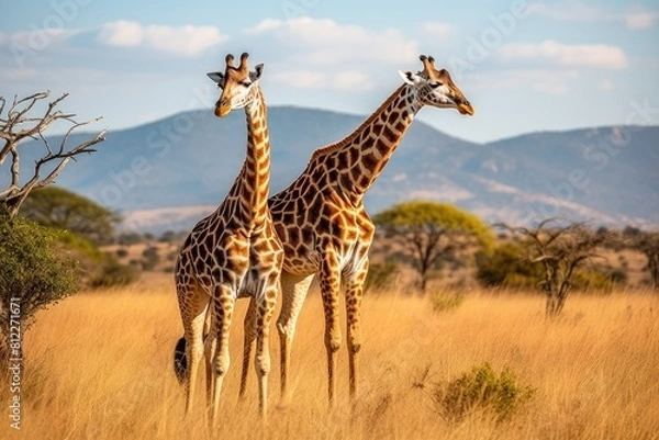 Fototapeta Two giraffes standing in tall grass, with one giraffe bending its long neck to reach the leaves.