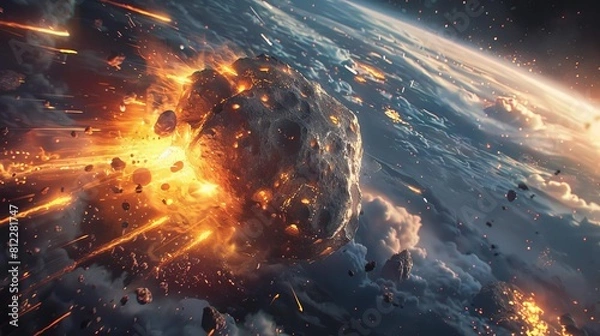 Fototapeta Depict an asteroid hurtling through space, its surface rough and glowing from the friction as it enters the Earths atmosphere