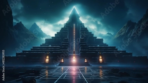 Fototapeta Neon style of a mysterious ancient temple, rendered in cyberpunk 80s colors, with an atmospheric banner template sharpen with copy space for a dramatic effect