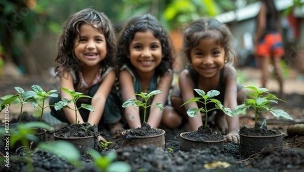 Fototapeta Spark joy: A heartwarming image of children planting blank seedlings with smiles on their faces, symbolizing hope for a brighter, greener future.