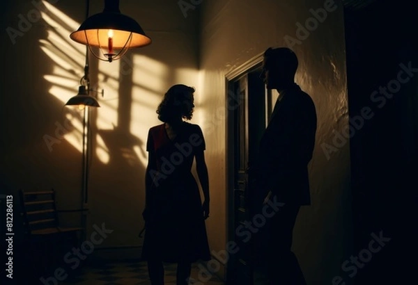 Obraz Indoor color photograph of a man and a woman shown in silhouette standing in a hallway next to a lamp, dim lighting, chiaroscuro. From the series �Art Film - Color."