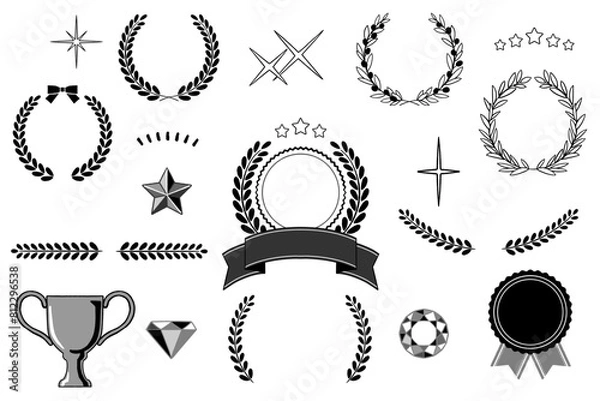 Fototapeta 月桂冠、メダル、アワード　手描き風画像詰め合わせ
