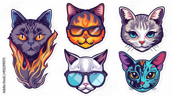 Fototapeta Cool cats. Set of stickers. Cute, funny, stylish kittens on a white background