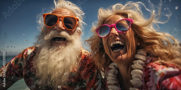 Fototapeta Cheerful elderly couple laughing on a sunny beach day. Generative ai