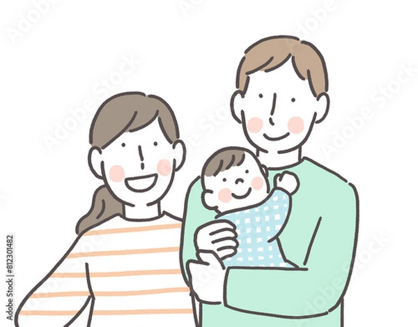 Obraz 赤ちゃんを抱っこするパパと笑顔のママ