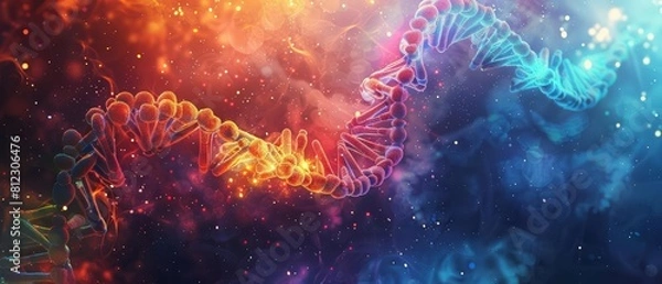Fototapeta Abstract background of DNA strands, weaving a vivid portrayal of genetic discovery, ideal for educational banners with ample copy space
