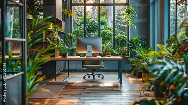 Fototapeta Green, sustainable and ecological office space with daily employee traffic A modern and eco-friendly startup with ESG standards and an office with care for employee well-being and a healthy environmet