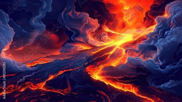 Obraz Volcanic Activity Depicted Through Dynamic Volcano Eruption, Molten Lava And Billowing Smoke, Geological Theme