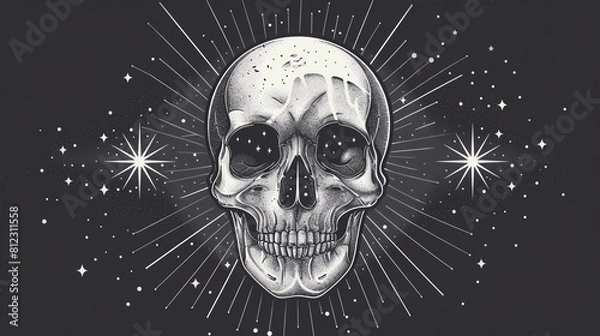 Fototapeta A dark and mysterious skull, surrounded by stars and emanating light