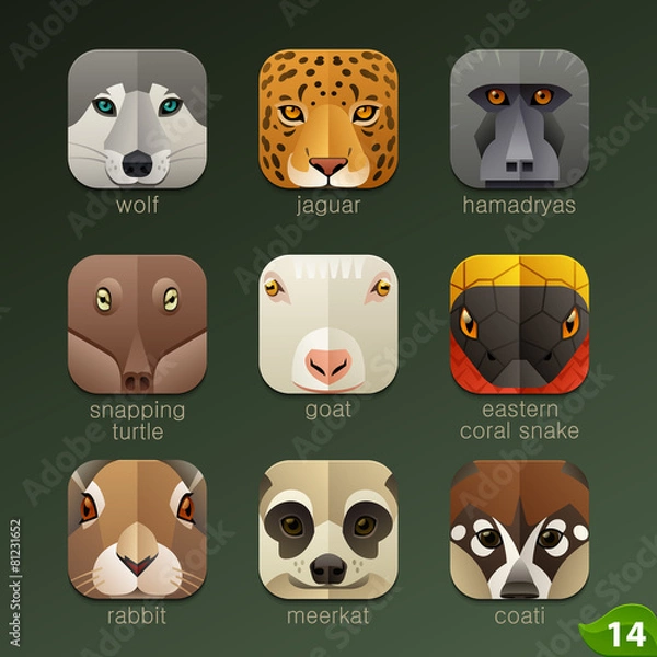 Fototapeta Animal faces for app icons-set 14