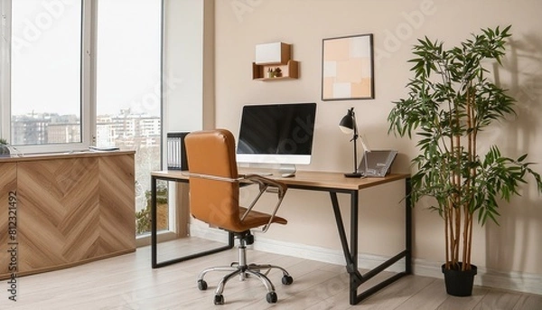 Fototapeta Stylish office interior with workplace, pc computer and window. Mock up wall
