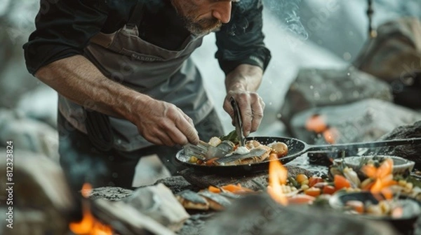 Fototapeta Chef creating flounder dishes at a mountaineering base camp rugged and hearty