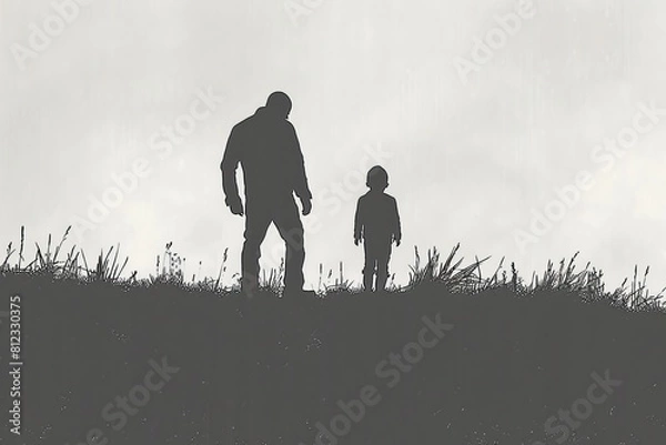 Fototapeta Father and Child Silhouette Standing on Hill. Generative AI