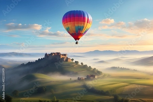 Fototapeta A colorful hot air balloon floating gracefully over a patchwork of farmland, with the morning mist lingering in the valleys below.