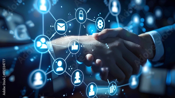 Fototapeta Show icons of a database, handshake, and customer support, representing CRM systems and customer relationship management strategies