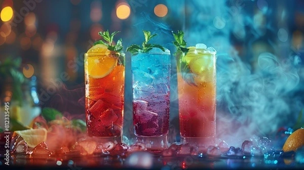 Obraz Colored cocktails with smoke and ice, set against a bokeh nightclub background, depicting a lively bar atmosphere.