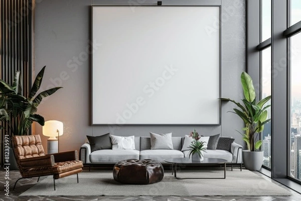 Fototapeta Office Interior with Blank White Poster Mockup created with Generative AI
